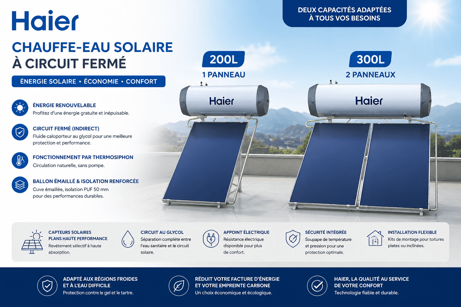 Chauffe-eau solaire Haier à circuit fermé : 200 L et 300 L